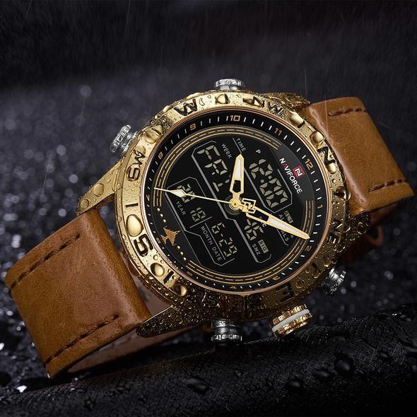 NAVIFORCE 9144 Fashion Gold Men Sport Watches Mens LED Analog Digital Watch Army Military