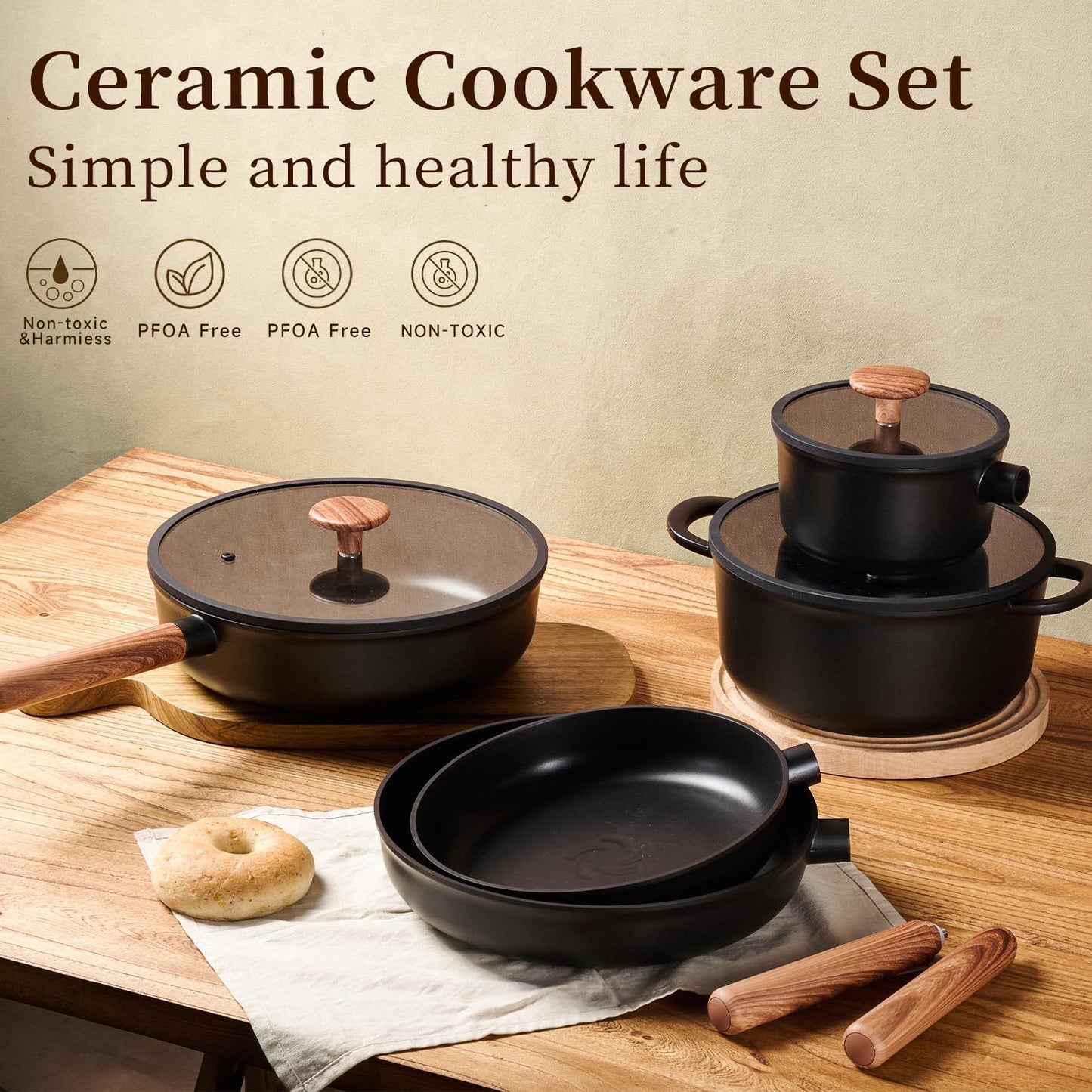 Ceramic Cookware Sets 15 Pcs, Healthy Pots and Pans