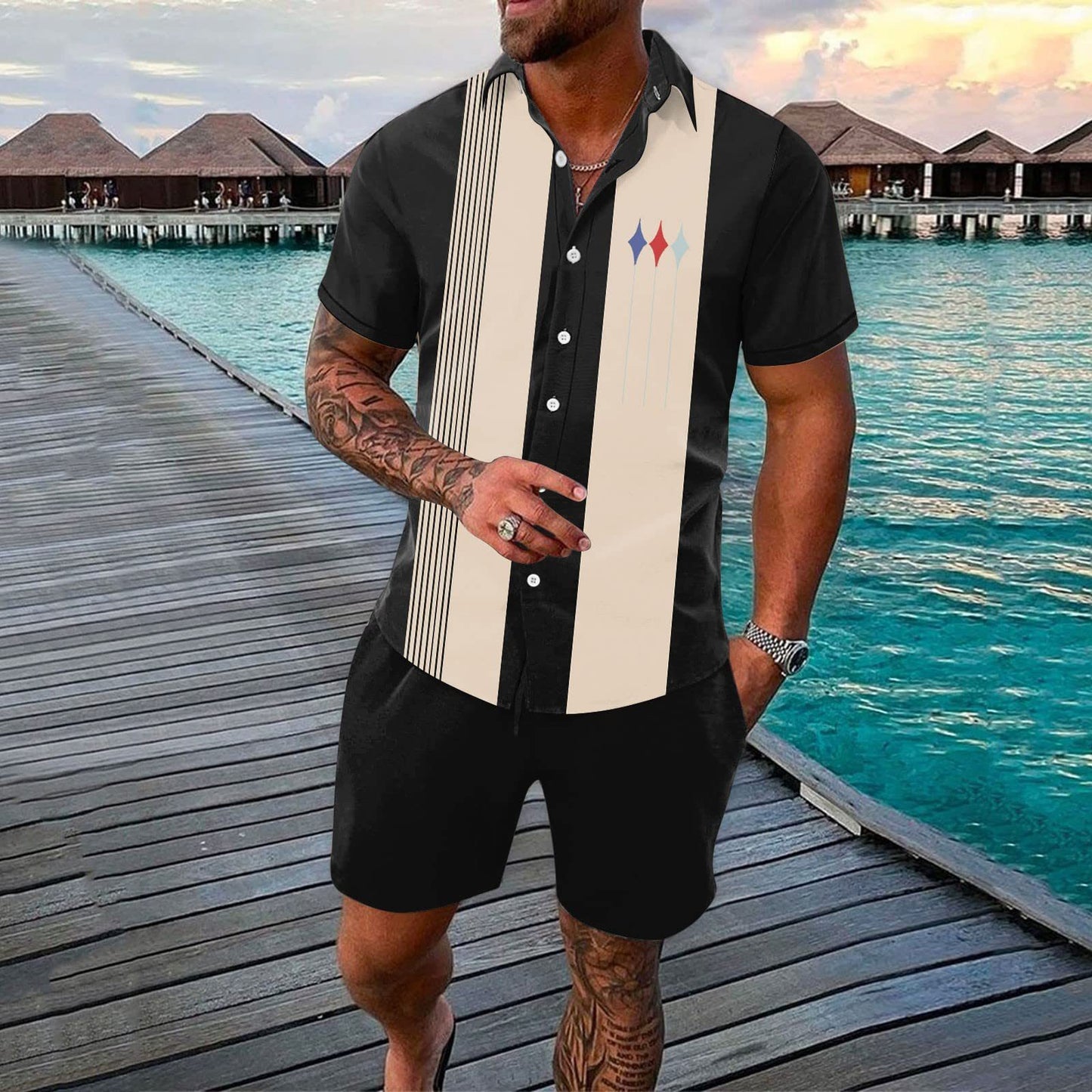 Gradient 3D Printing Outdoor Short-sleeved Shorts 2-piece Set