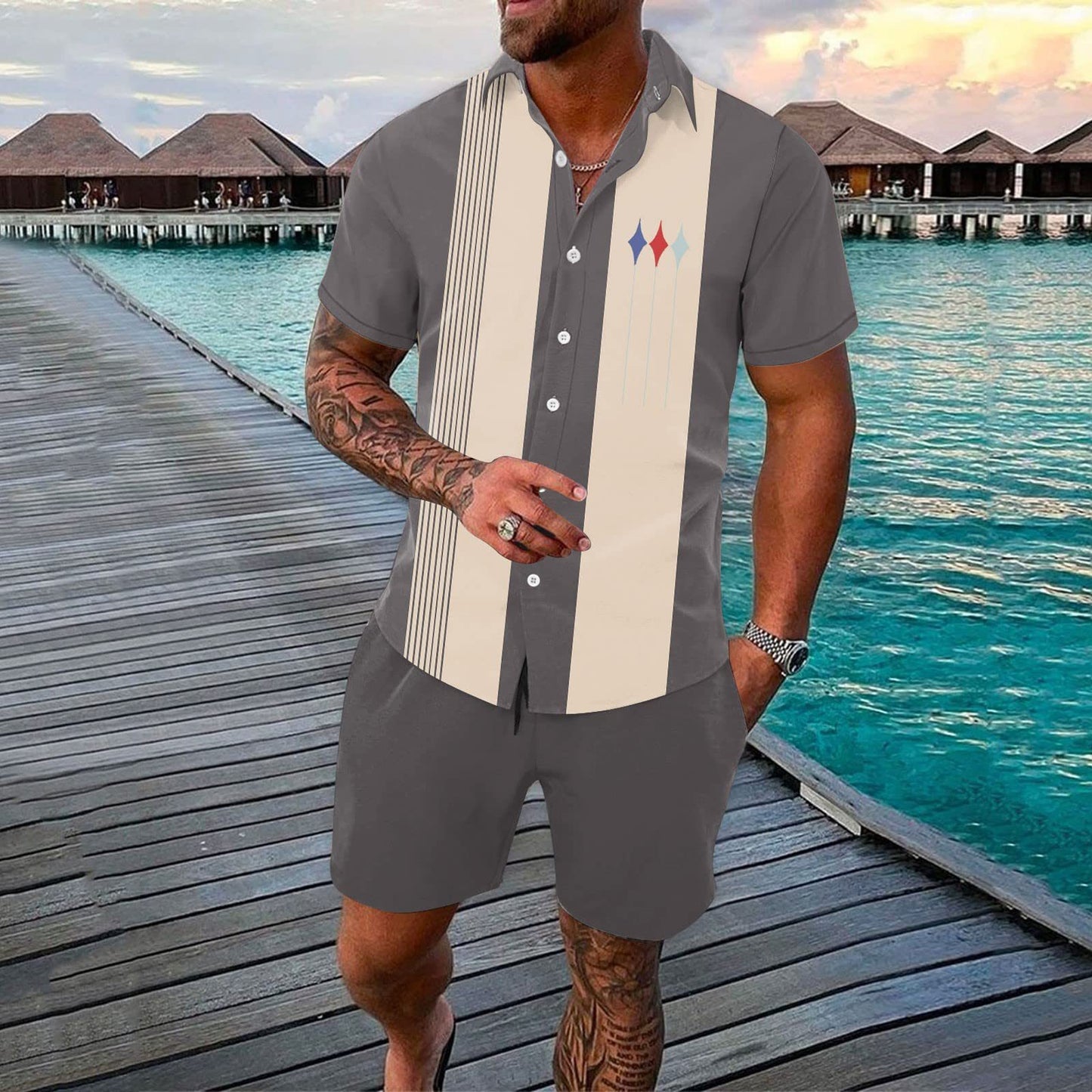 Gradient 3D Printing Outdoor Short-sleeved Shorts 2-piece Set