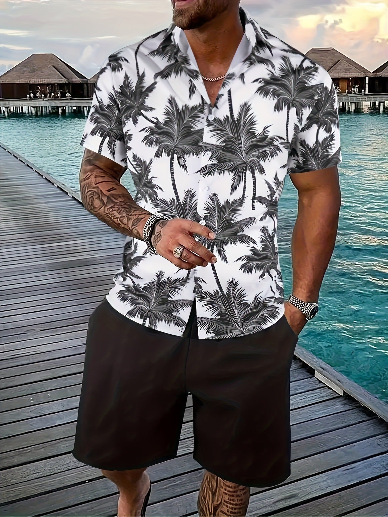 Gradient 3D Printing Outdoor Short-sleeved Shorts 2-piece Set