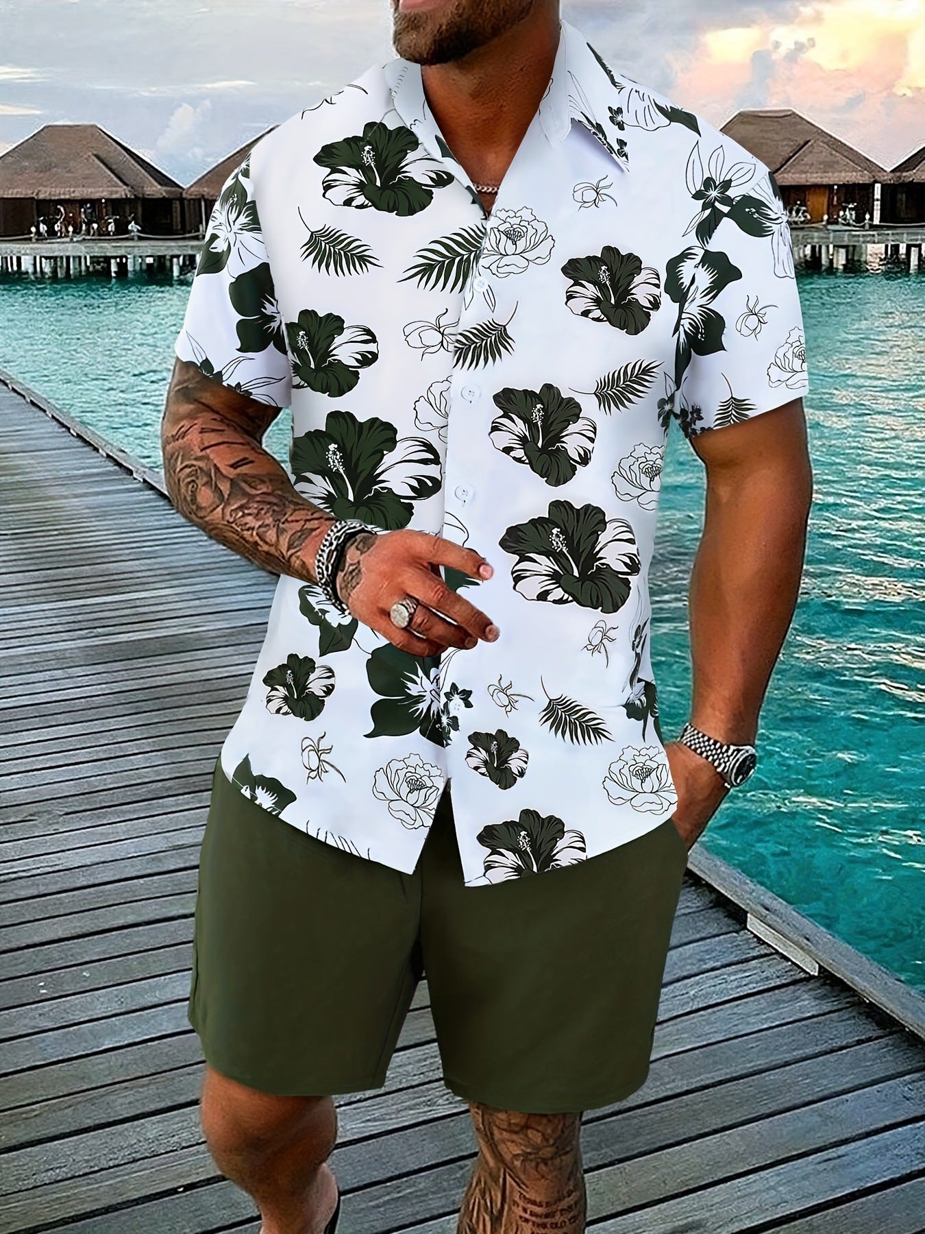 Gradient 3D Printing Outdoor Short-sleeved Shorts 2-piece Set