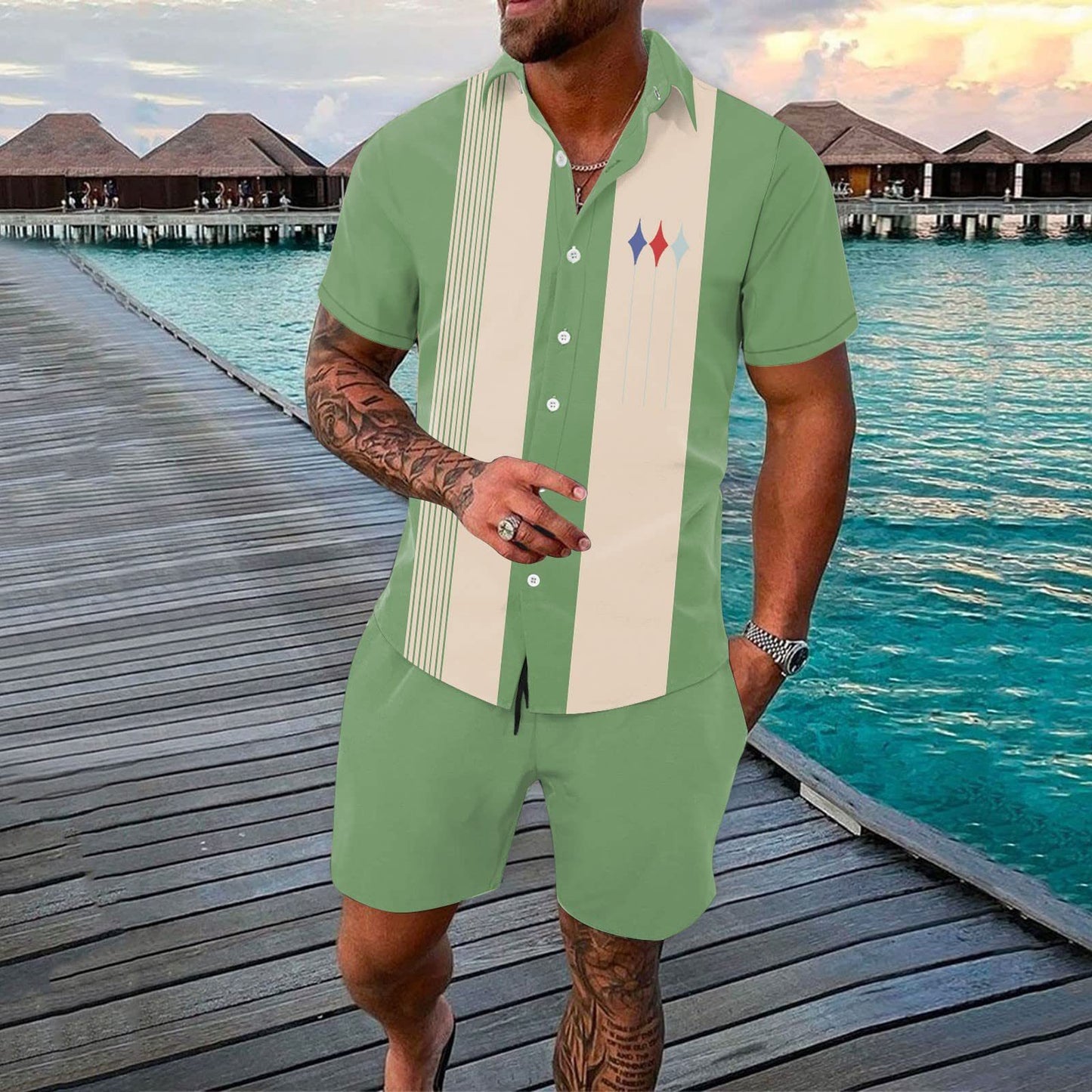Gradient 3D Printing Outdoor Short-sleeved Shorts 2-piece Set