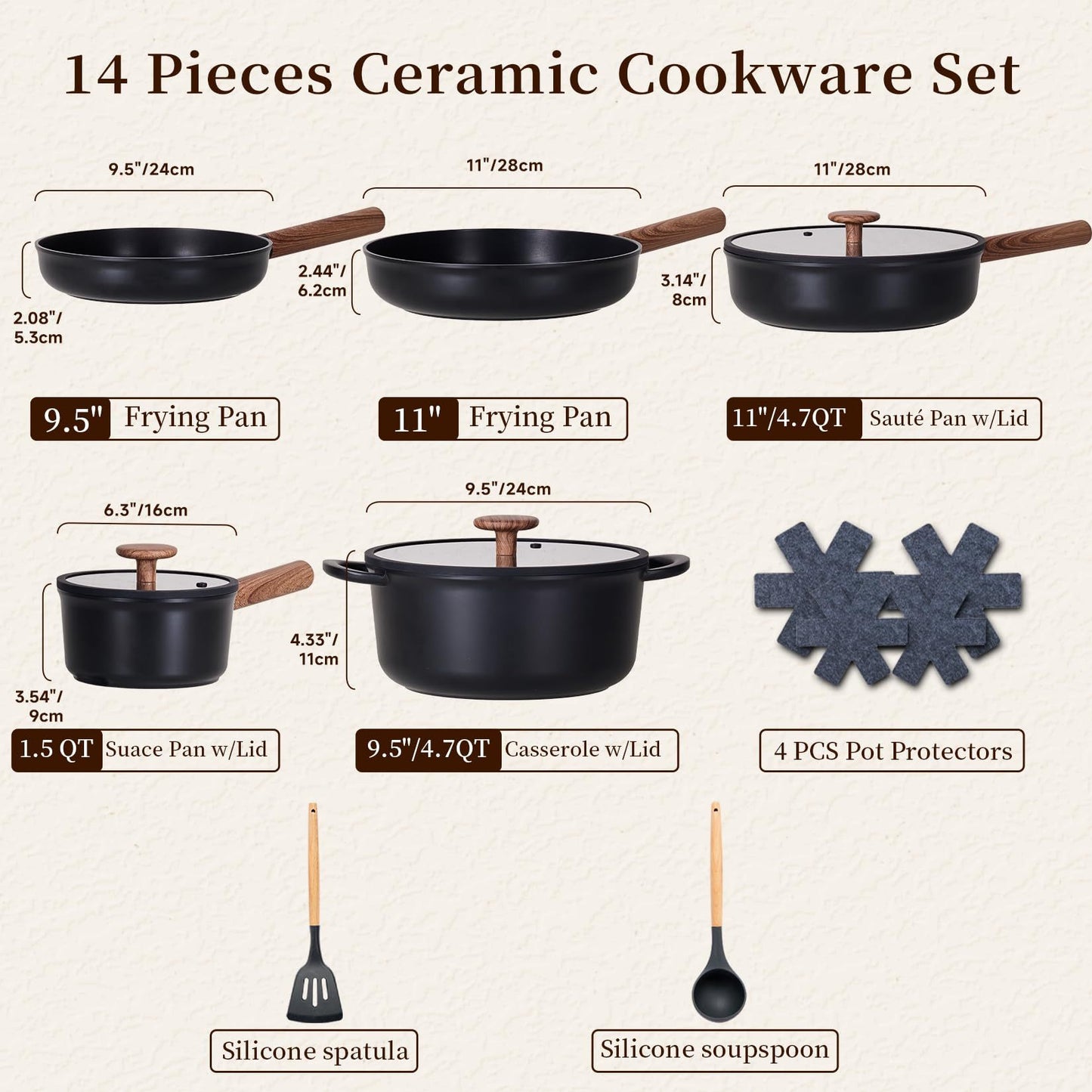 Ceramic Cookware Sets 15 Pcs, Healthy Pots and Pans